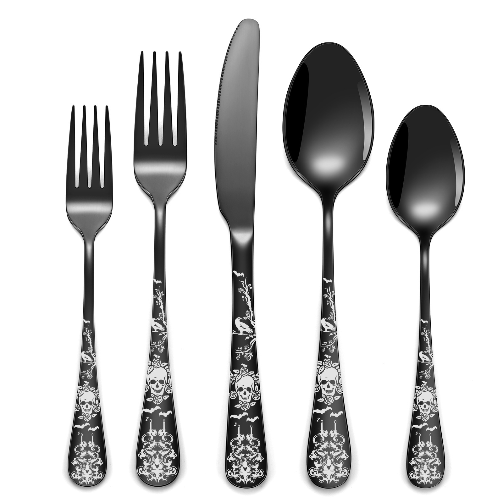 Cross-border bestseller [Halloween Elements] Black-Plated Skull Knife, fork and spoon Set Western Steak knife and Fork 20PC