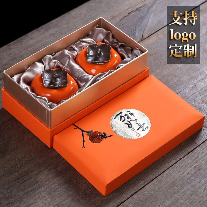 创意陶瓷柿子茶叶罐万柿如意密封储茶罐便携企业logo可定存茶罐