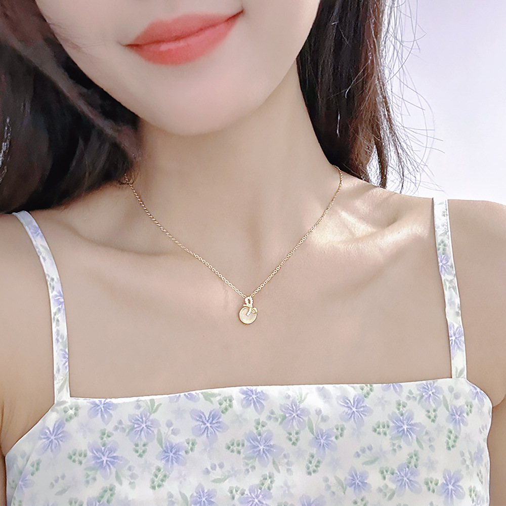 Korean Web Red Bow Necklace Titanium Steel Simple Personality Design Sense Cat's Eye Collarbone Chain Hot Accessories Wholesale Specification drawing