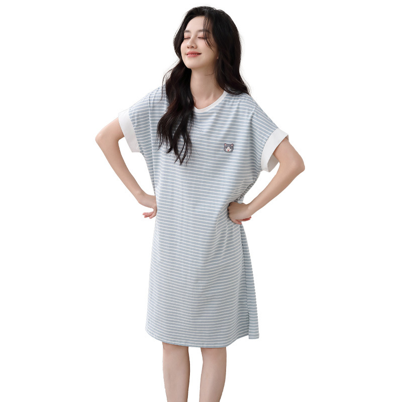 Pure cotton nightgown for women, summer short-sleeved mid-length dress, casual striped home wear for women, new thin style that can be worn over pajamas for women Item Picture
