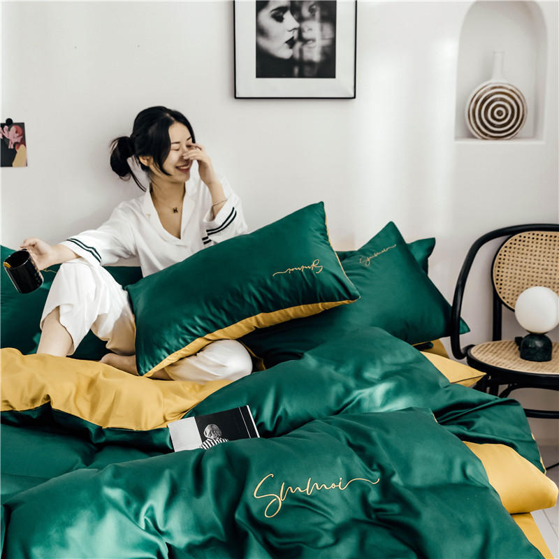 Dark green 60s long-staple cotton solid color two-piece four-piece set, pure cotton simple solid color two-piece bedding, skin-friendly for naked sleep, 6*7