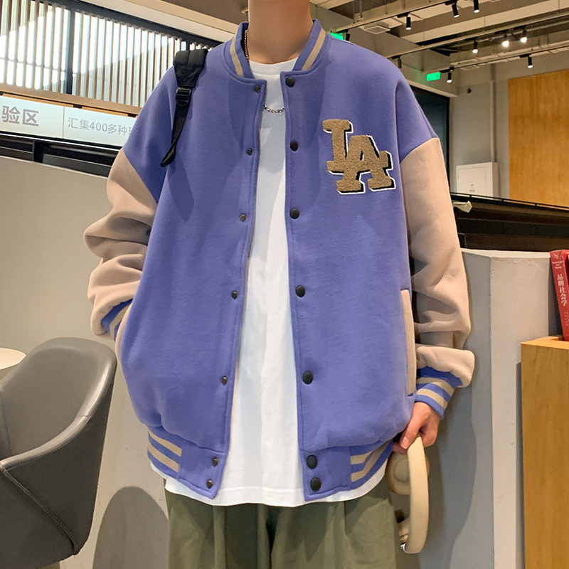 Baseball jacket, men's spring and autumn coat, trendy brand loose men's coat, embroidered A-line large size jacket, men's ins couple class uniform details Picture