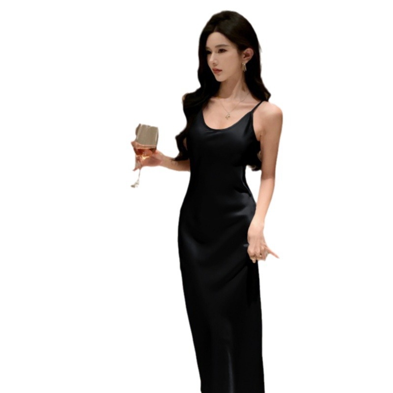 French large U-neck diagonal cut acetate satin halter dress for women's waist-cinching and elegant long dress 2025 summer pure desire Item Picture