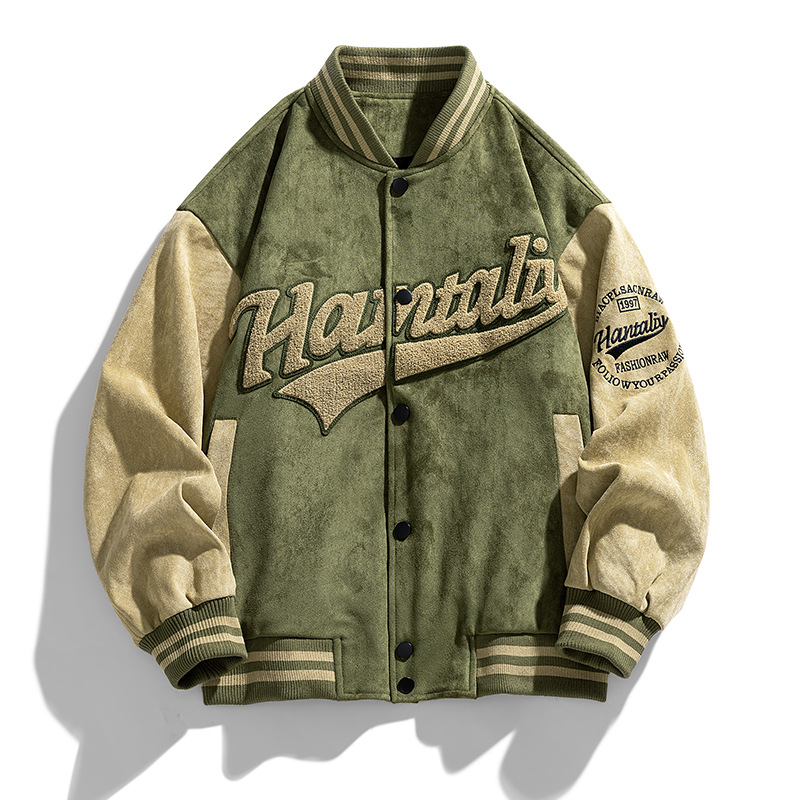 2023 New Spring and Autumn jackets, men's casual suede velvet baseball jackets, American street style embroidered baseball collar jackets