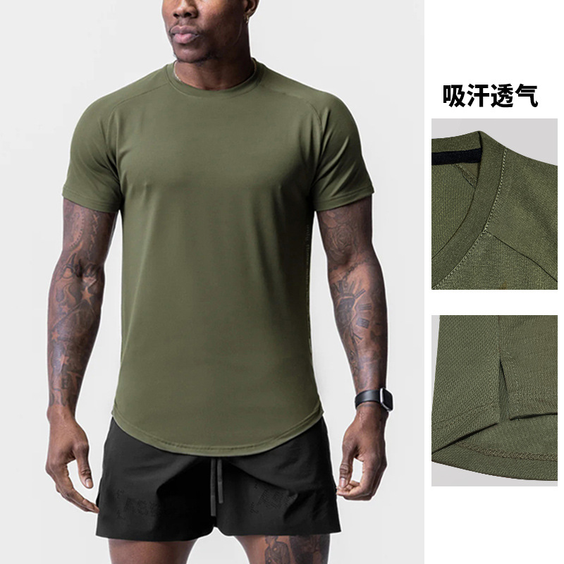 夏季男士t恤美式青年合体型运动插肩短袖t恤男潮流下摆开叉打底衫