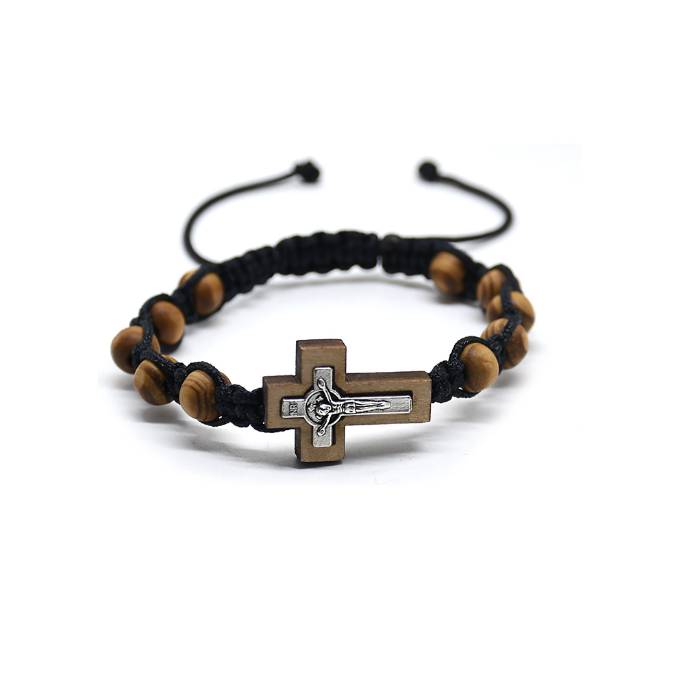 The cross-border trade cross bracelet made of alloy pine wood beads and Chinese knot beads is adjustable