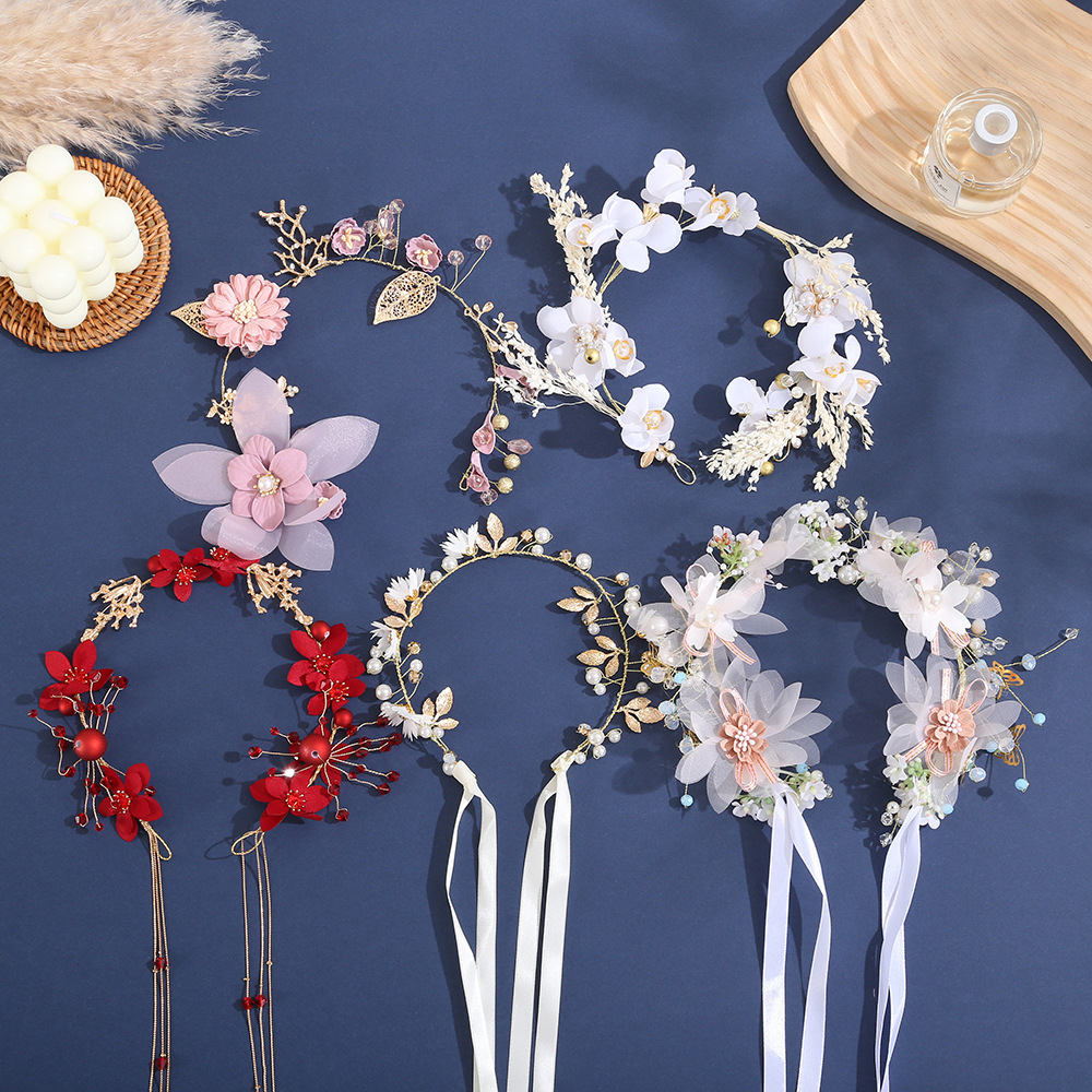 古风汉服发饰流苏发卡女孩公主气质头饰手工编织花环飘带发箍批发详情1