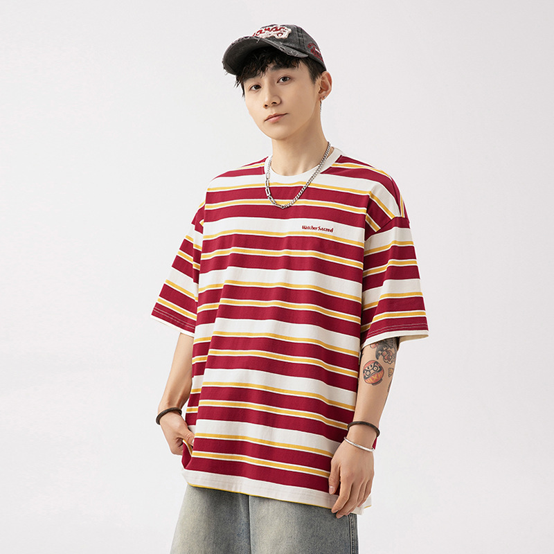 Hanlu men's retro striped short-sleeved T-shirt, men's summer couple wear, women's loose letter-embroidered trendy brand T-shirt details Picture