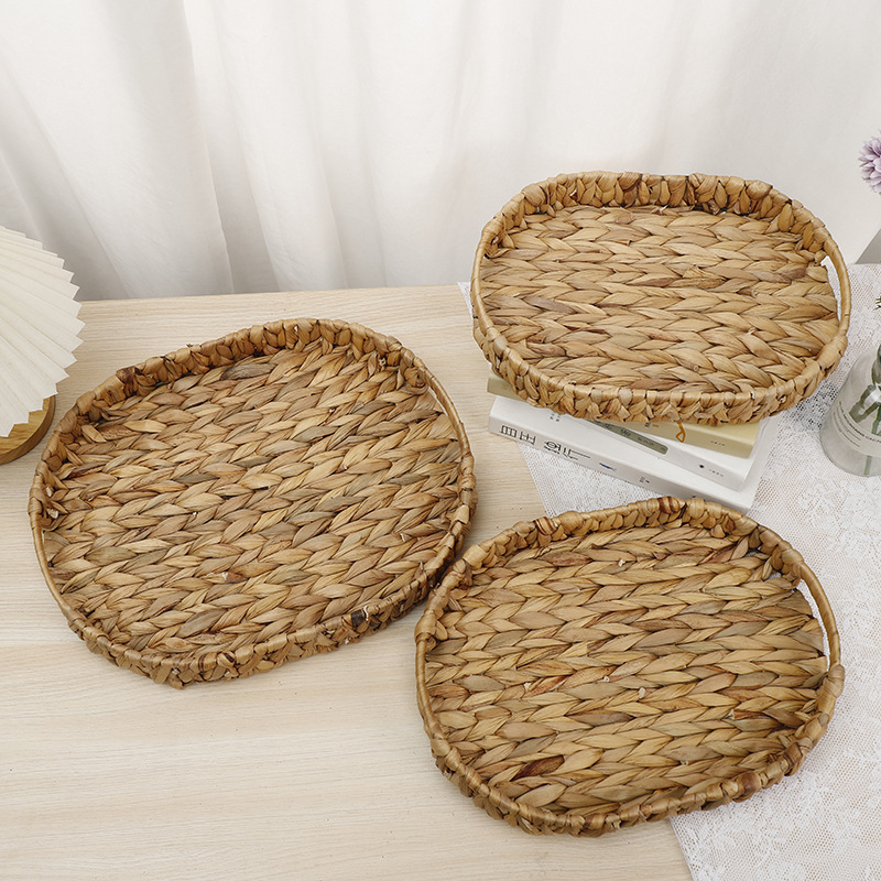 Wholesale of new water hyacinth straw woven storage baskets, household desktop trays, snack and bread storage baskets, and toy storage boxes