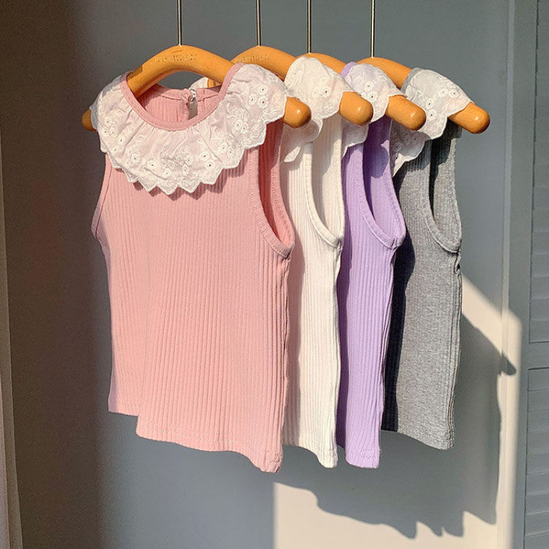 Summer lace vest T-shirt for girls, sweet and thin lace sleeveless top with ruffles for children and babies, versatile and trendy Specification image