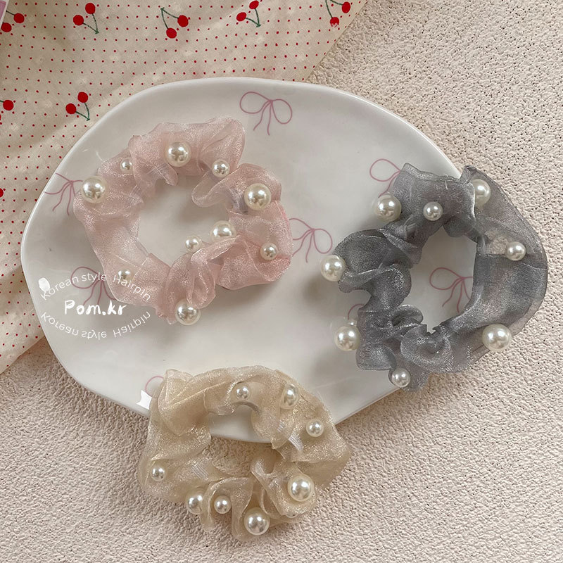 New Korean-style mesh pearl hair band, sweet and girlish, high-elasticity ponytail bun hair rope, simple and ins hair accessory Specification image