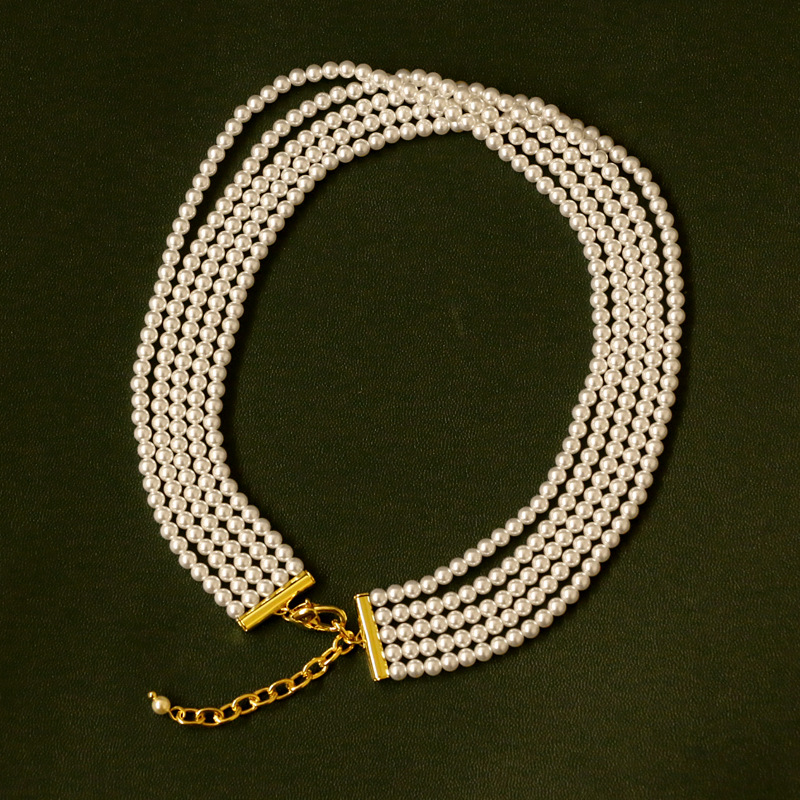 中古vintage五层施华洛玻璃珍珠项链秋冬法式设计米珠轻奢锁骨链图