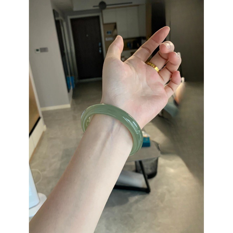 新疆和田玉湖水绿手镯女款晴水扁条阿富汗青白玉茶色天然少女美镯1