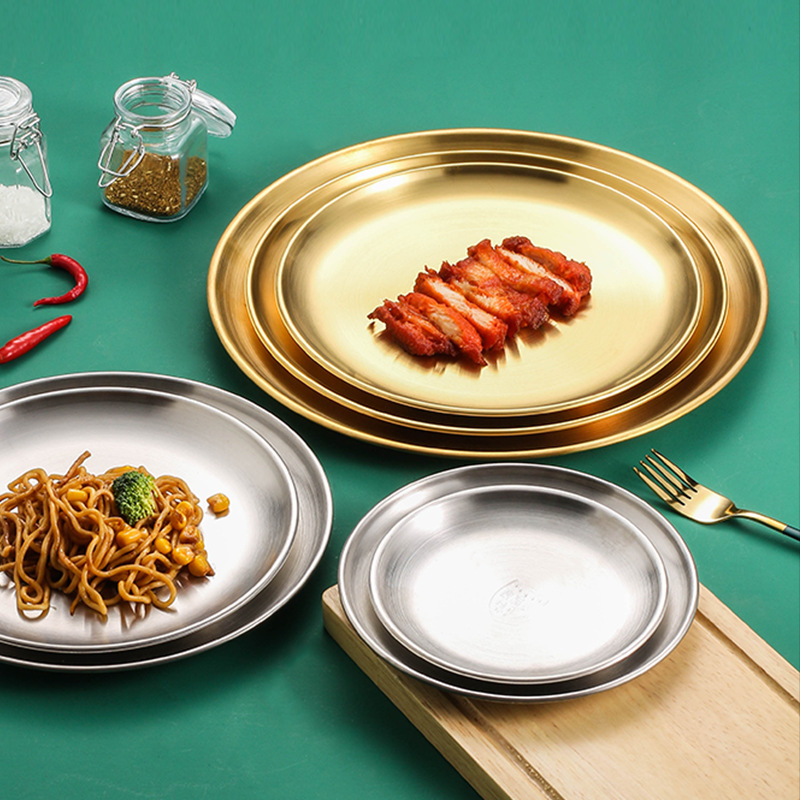 304韩式不锈钢盘金色托盘西餐盘烤肉盘蛋糕甜品水果圆盘自助餐盘详情图1
