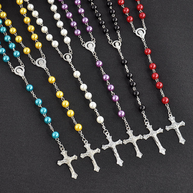 Cross-border European and American imitation pearl cross rosine long handmade necklace, unisplendour textured tassel sweater chain, 59 pieces religious necklace