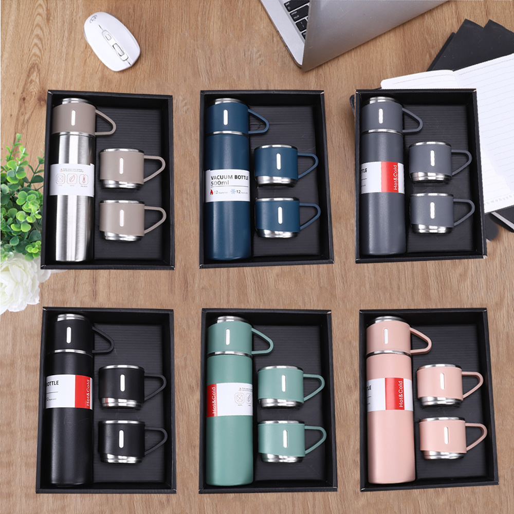 Set Cup 304 Stainless Steel Cup Double Cover Three-Piece Set Thermos Cup Business Gift Cup Gift Box Set Straight Cup