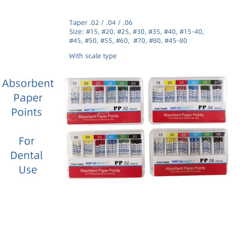 In stock for export, with good water absorption and not easy to break, 200-piece set of dental moisture-absorbing paperpoints Specification image