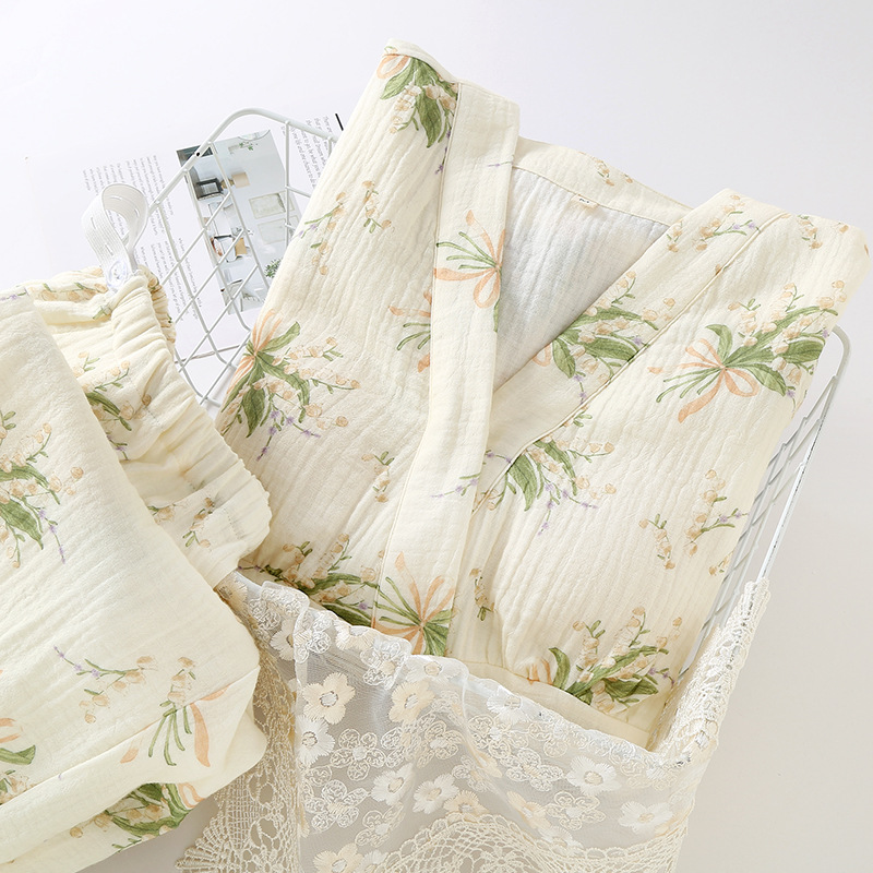 田园风纯棉双层纱布带胸垫月子服春秋季全棉孕期产后哺乳家居服套