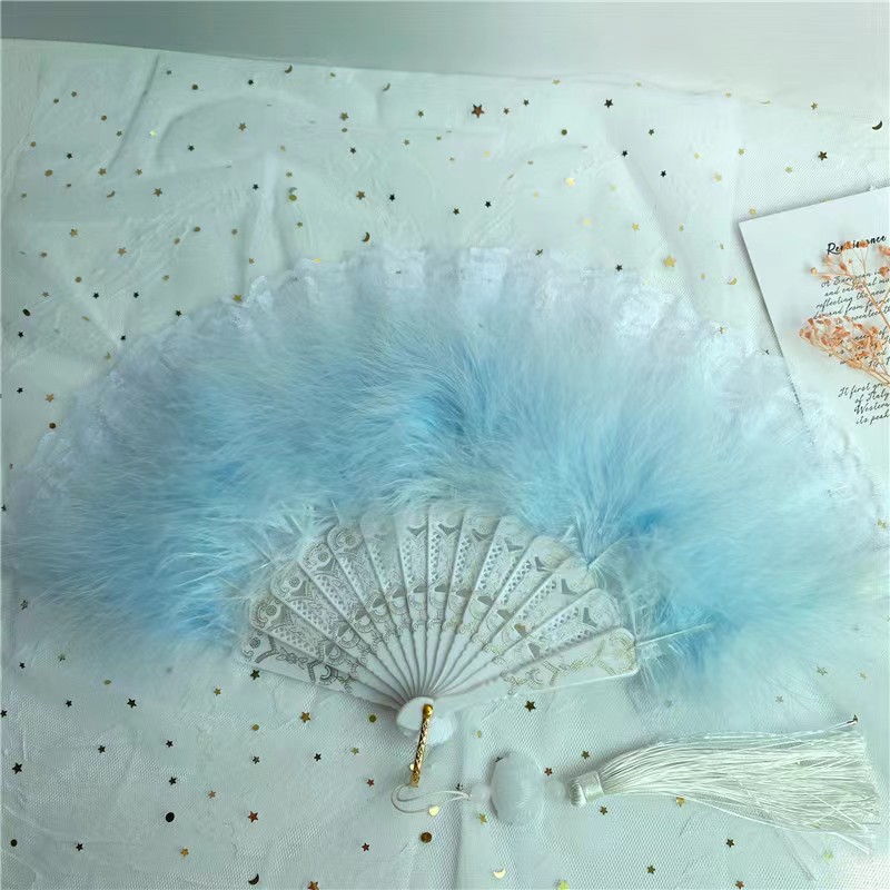 Classic Lolita Lace Feather Fan Qipao Catwalk Photo Feather Folding Fan Dark Lace Feather Fan details Picture