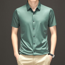 男士时尚休闲短袖衬衫2023夏季新款简约舒适纯色衬衣高级感打底衫