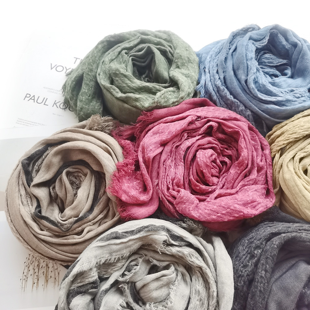 Solid Color Cotton And Hemp Scarf Autumn And Winter New Foreign Trade Men's Scarf Wholesale Natural Wrinkled Striped Scarf For Women Shawls Cross-Border