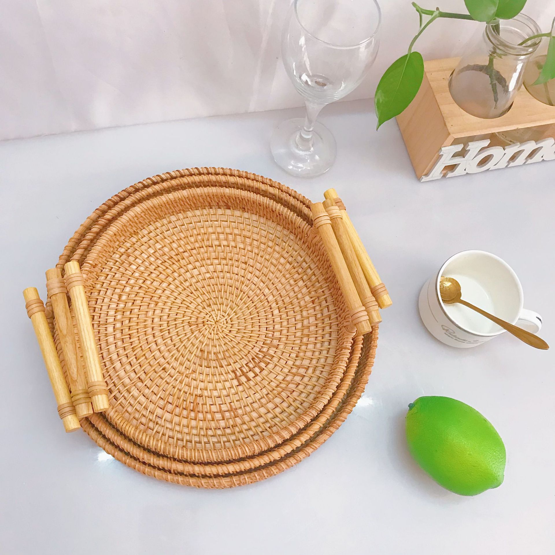 Vietnamese Rattan Hand-Woven Basket Snack Bread Picnic Basket Living Room Tabletop Storage Basket Two-Ear Hand-Held Storage Basket
