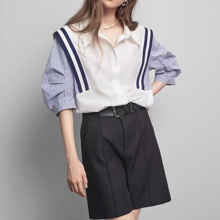 ELLE French contrasting color striped shirt for Women 2023 Summer New fashion Loose short-sleeved slimming and elegant shirt