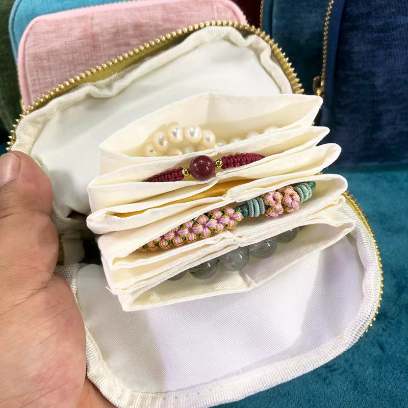 Venta directa de fábrica portátil de seis capas borla joyería bolsa de almacenamiento cristal perla mano cadena viaje bolsa de joyería en stock al por mayor pic 8