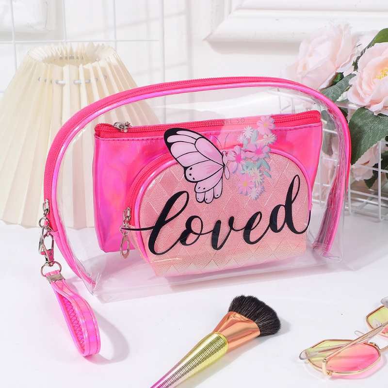 Cross-border original transparent waterproof cosmetic bag three-piece set, pink butterfly PU clutch, portable storage toiletry bag details Picture