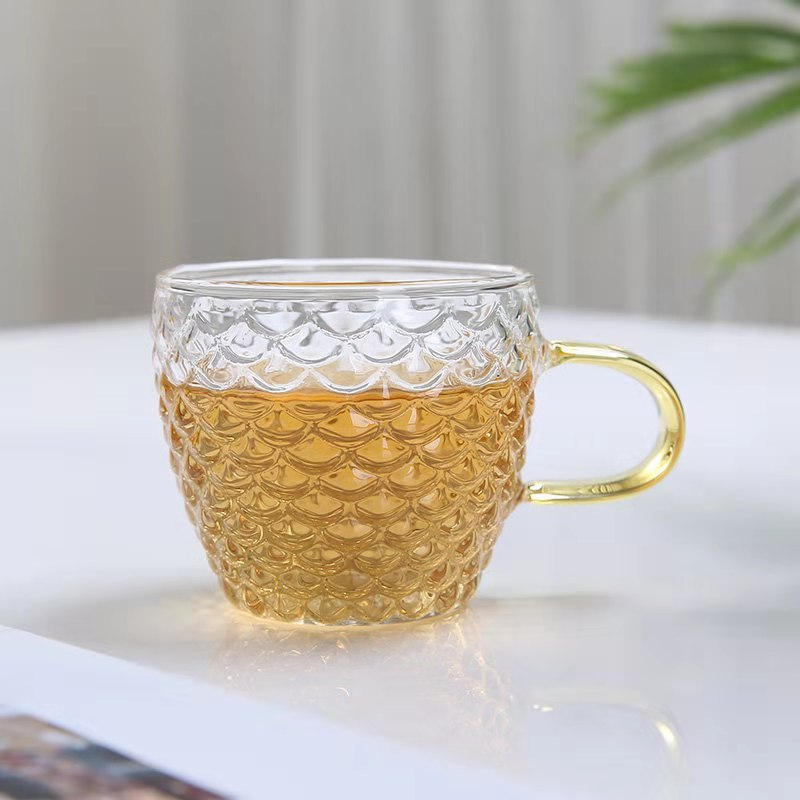 日式锤纹加厚高硼硅玻璃杯带把小品茗杯功夫茶具沙硕鱼鳞小茶杯