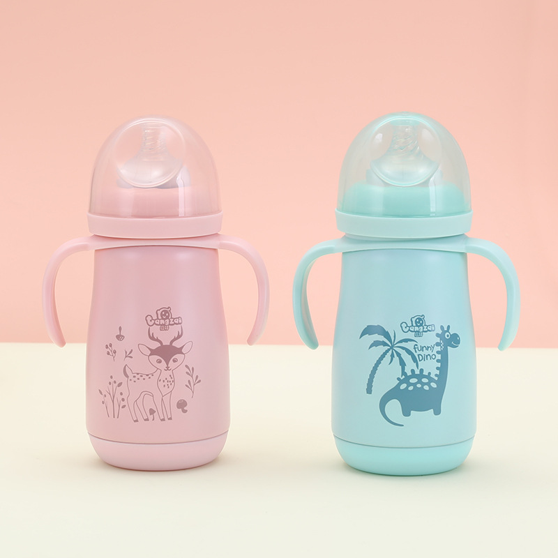 New 304 stainless steel baby bottle set, double-layer baby constant temperature thermos with handle, baby double-lid learning cup