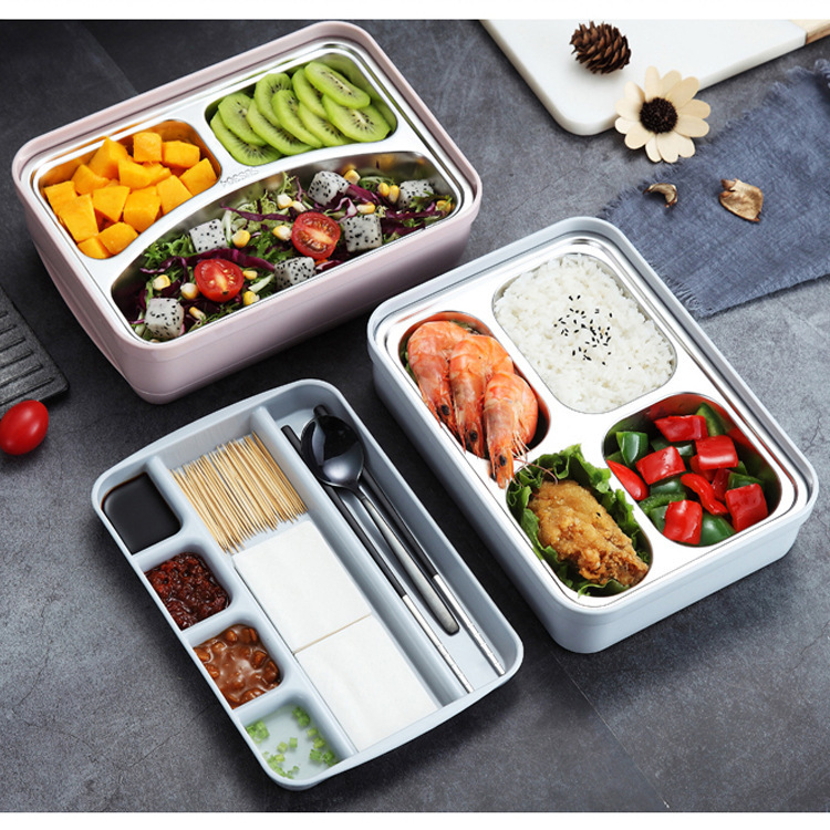 创意304不锈钢分层饭盒 分格保温午餐盒 带餐具格便当盒lunch box