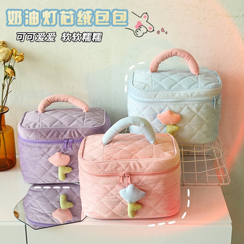 Ins Premium Corduroy Makeup Bag Cute High Appearance Level Toiletry Bag Portable Large Capacity Cosmetics Storage Bag