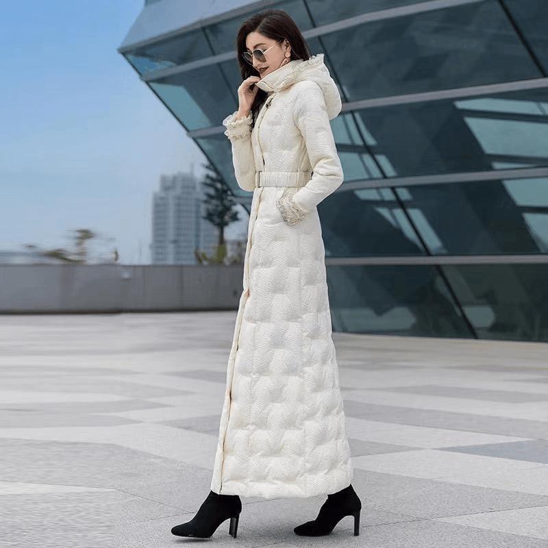 Anti-season down padded jacket women 2023 winter new beige white long over the knee padded jacket thickened slim cotton-padded jacket