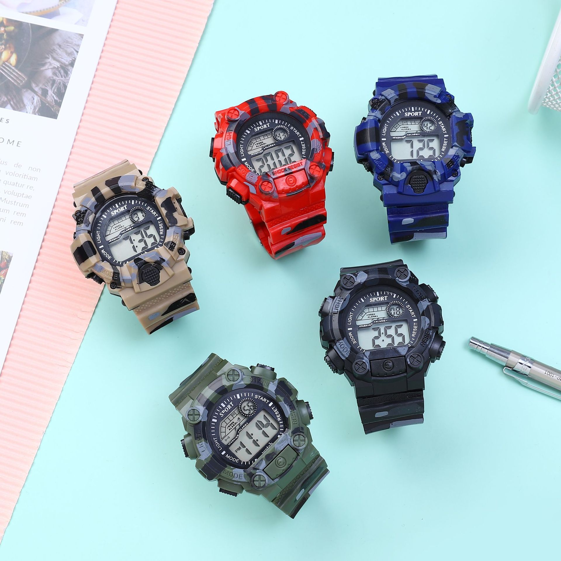 迷彩电子手表学生党运动夜光闹铃简约潮流手表男女初高中时尚手表