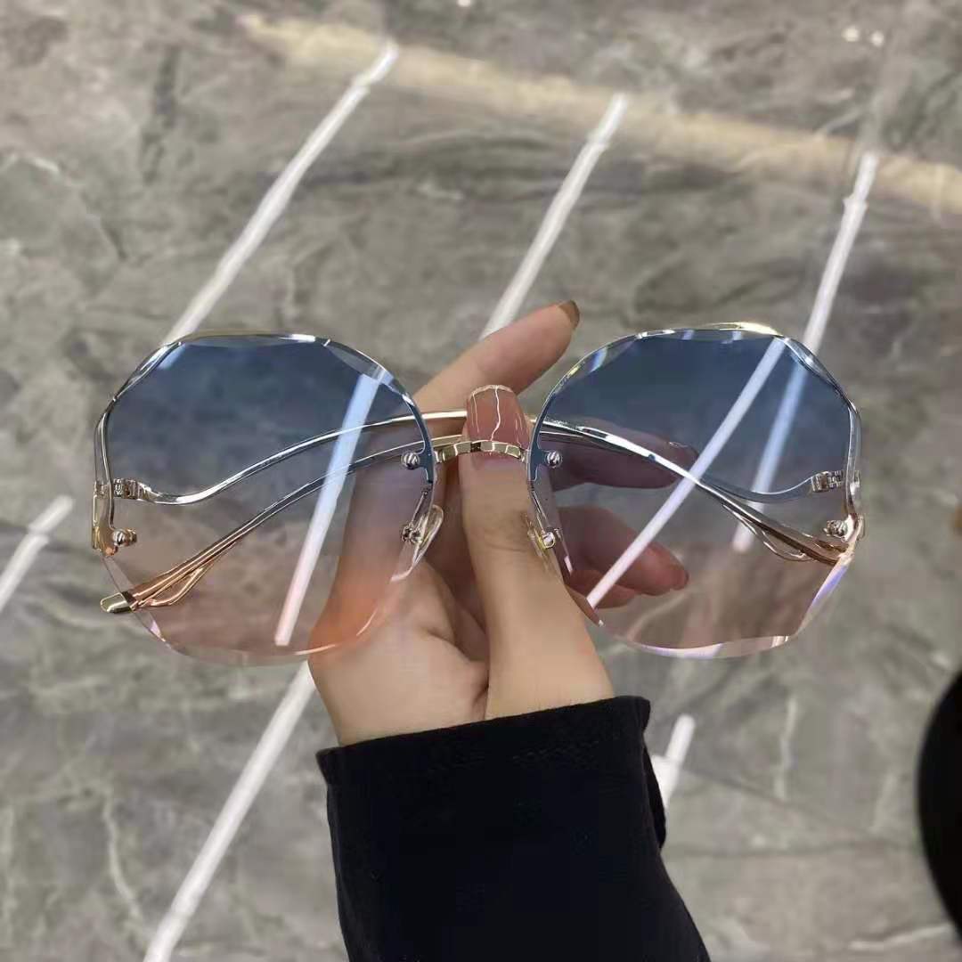 New fashionable large-frame frameless cut-edge sunglasses for women, multi-deformation metal arc-shaped temple, popular sun protection sunglasses details Picture