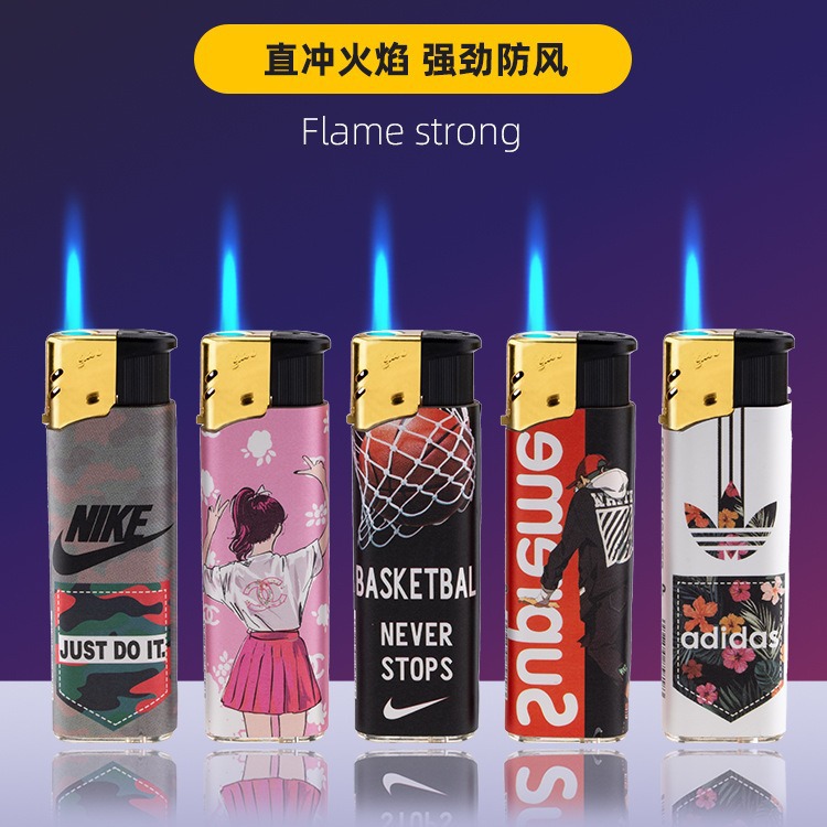 厂家批发包画蓝焰直冲火机厂家新款防风火机电子可充气个性打火机