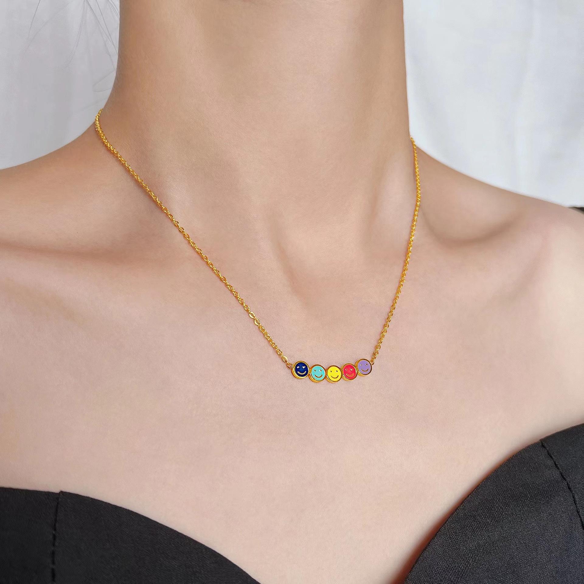 Small and colorful mini smiley face necklace for women, titanium steel rainbow smiley face collarbone chain, non-fading, high-end and niche pendant Specification image