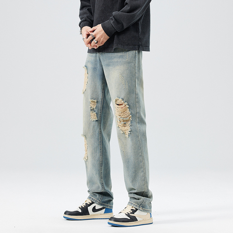 2024 Summer and autumn new ripped Japanese straight-leg men's jeans, a matte and personalized style with an aged streetwear look for men Specification image