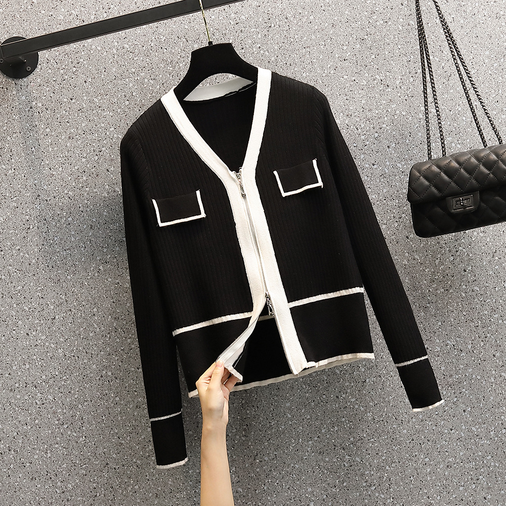 A 200-pound large-sized chanel-style knitted cardigan for early autumn, a V-neck double zipper loose, waist-cinching and slimming base layer for women details Picture