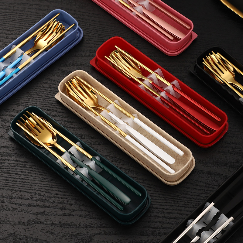 Wholesale stainless steel Korean-style tableware, portable student spoons, forks and chopsticks, three-piece set, outdoor storage box, gift set details Picture