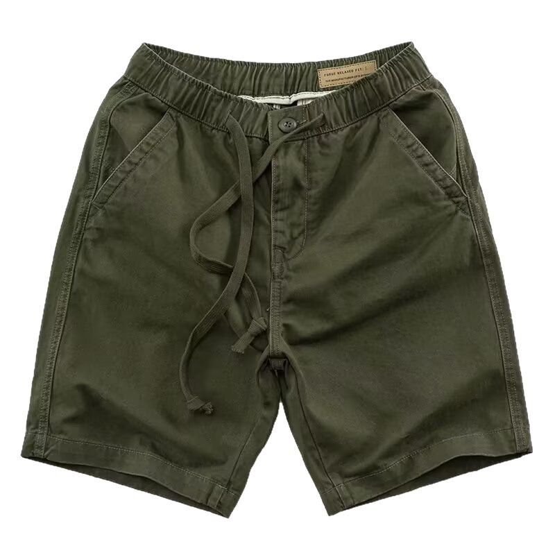 Summer shorts for men: washed cotton straight leg with lace-up elastic waist, retro trendy men's casual fashion brand loose capri pants Item Picture