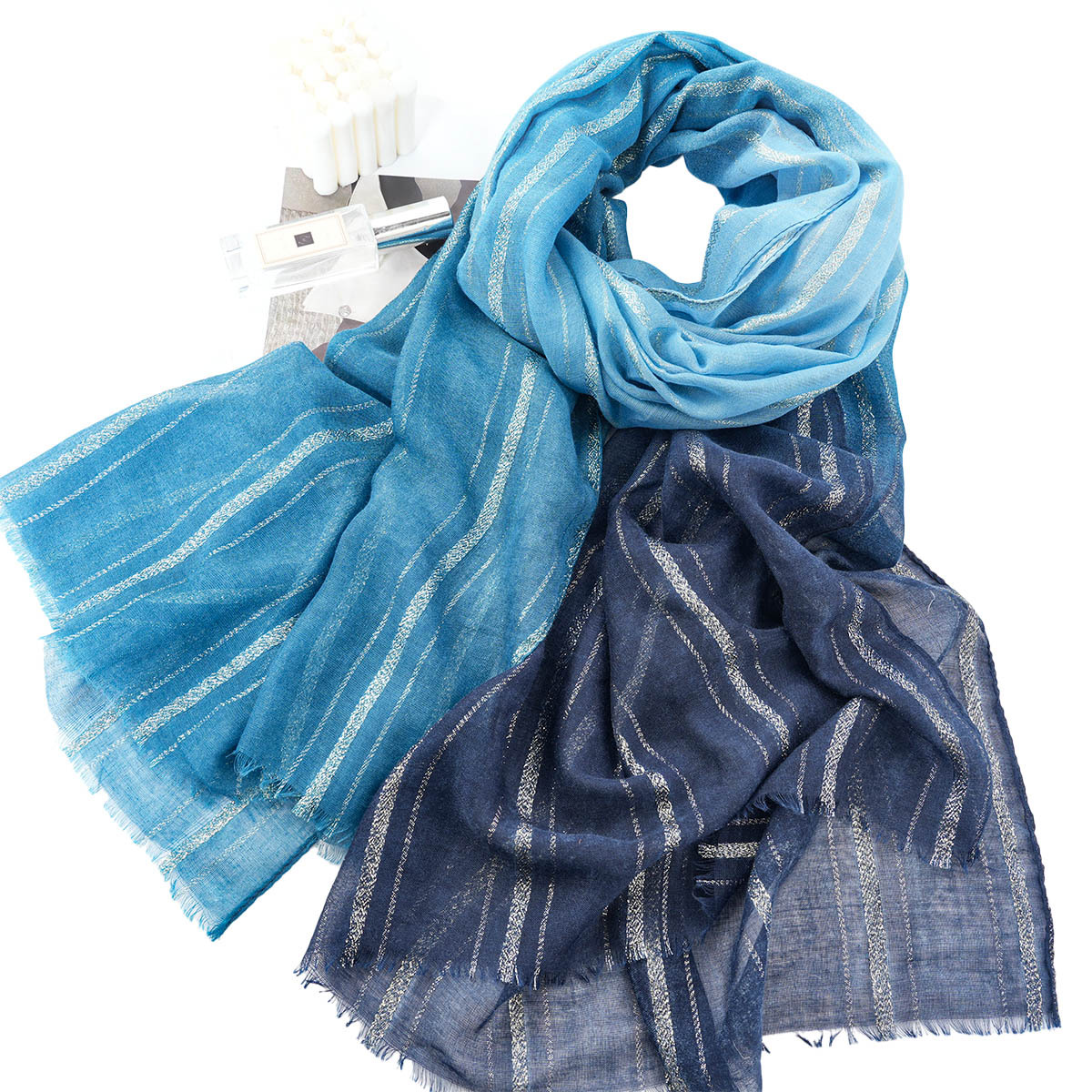 Cross-Border New Fashion Gold And Silver Vertical Stripe Gradient Flower Print Women's Cotton And Linen Scarf Shawls In Stock