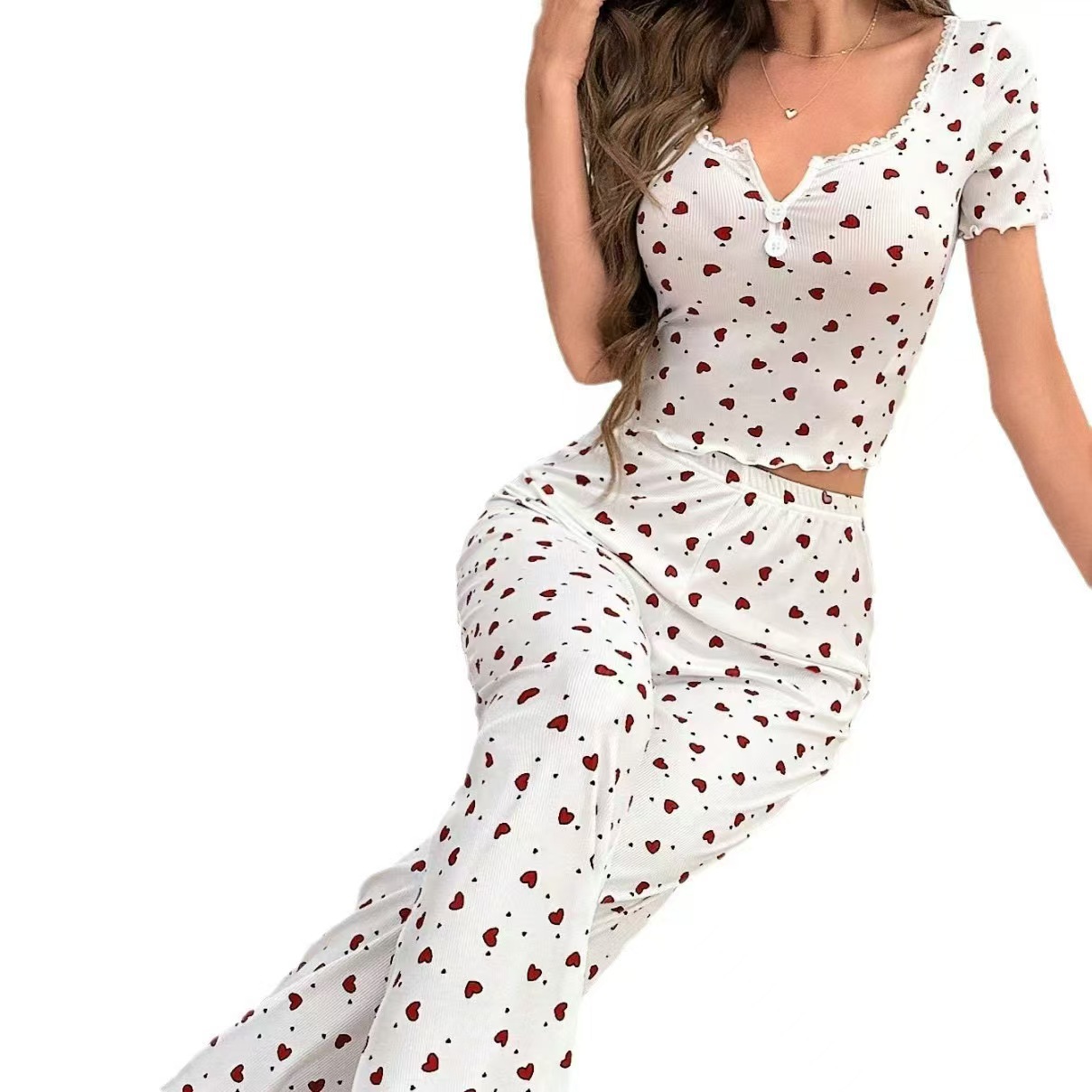 European and American cross-border small heart-shaped printed lapel and button pajama set, long pants, cross-border home wear Item Picture