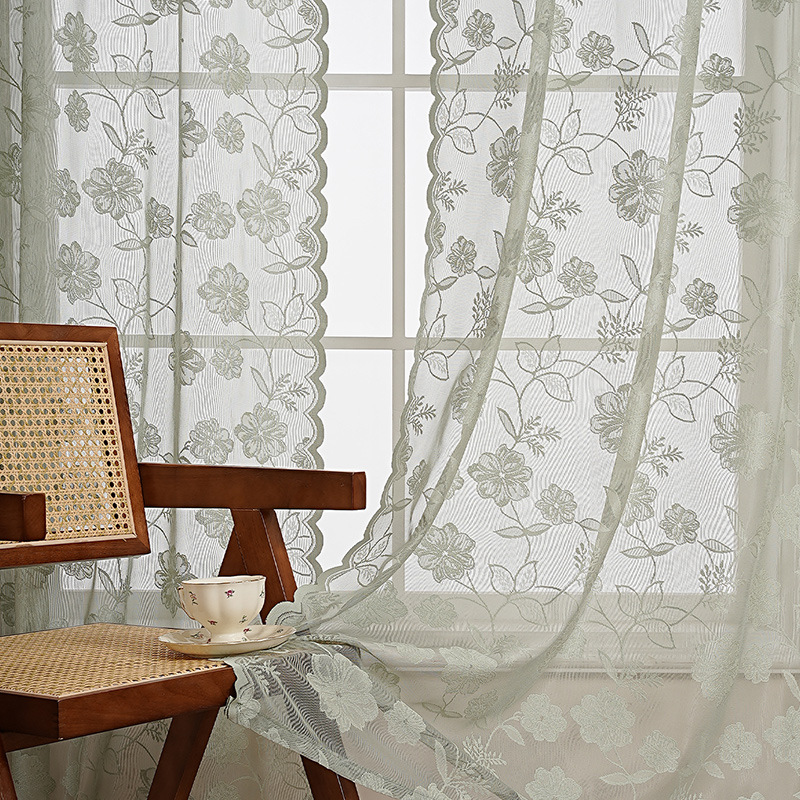 跨境新款现代简约小玫瑰绣花窗纱成品轻奢高级感家用酒店透光窗帘详情19