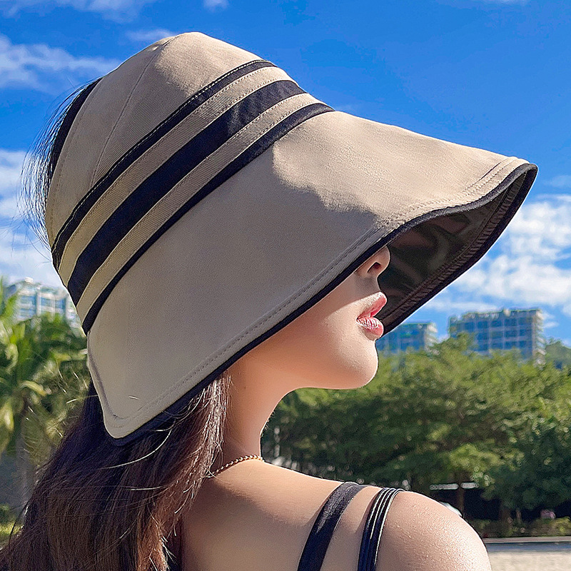 UV high-magnifying sun protection hollow top hat, new Korean version striped black rubber sun hat, spring and summer new simple hat, foldable Specification image