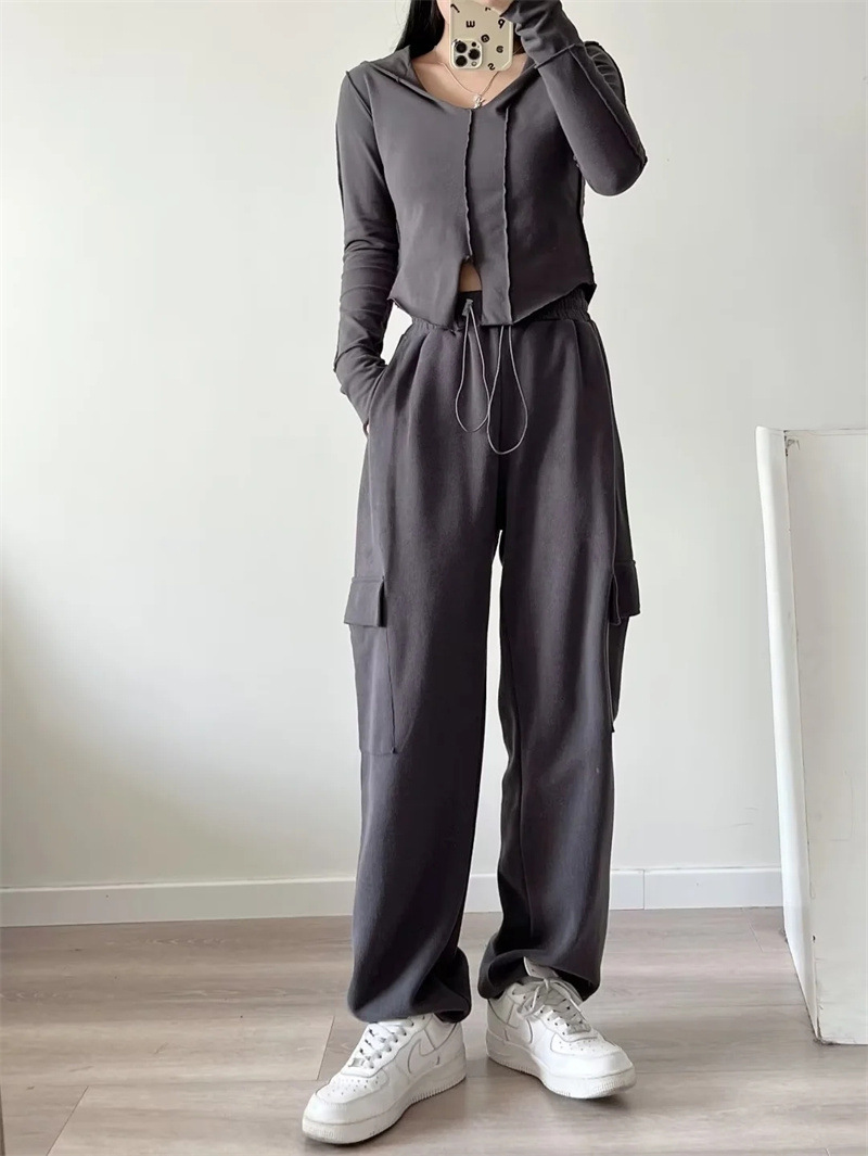 European and American style high-waisted slimming women's work pants, personalized pocket long pants, 2022 autumn new loose drawstring sport pants details Picture