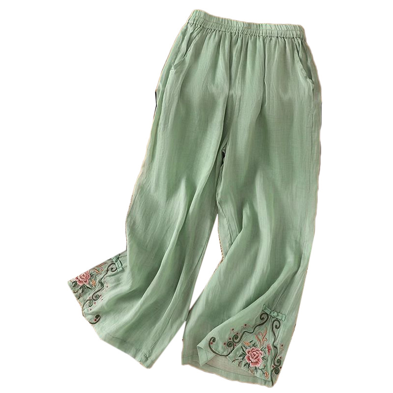 Ethnic-style cotton and linen wide-leg women's casual pants this summer, new Chinese-style green embroidered pants with elastic waist Item Picture