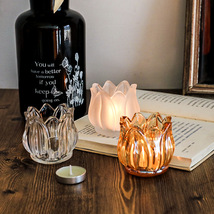 中古郁金香玻璃小烛台浪漫复古透明茶色餐桌蜡烛摆件家居饰白色（价格面议）