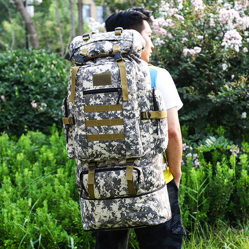 Cross-border 100L large-capacity, high-waterproof camouflage outdoor camping and hiking bag, men's and women's travel and sports backpack Item Picture